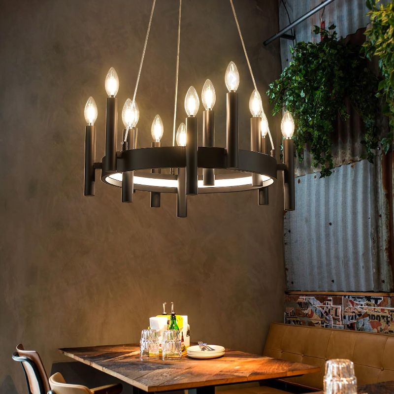 Photo 1 of 20.4" Black Wagon Wheel Chandelier,12 Lights Dining Room Chandelier,Farmhouse Chandelier for Living Room Dinning Room and Kitchen(includes Bulbs)