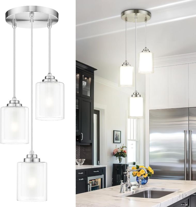 Photo 1 of ***one glass cover broke***TENGXIN 3 Light Pendant Light,Pendant Lights Kitchen Island,Brushed Nickel Pendant Lights with Dual Glass Shade,Farmhouse Pendant Light for Dining Room,Modern Pendant Light for Bedroom
