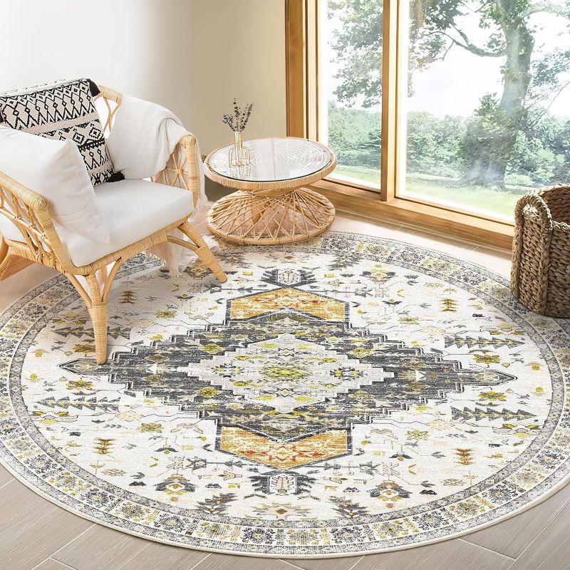 Photo 1 of 6ft Round Rug for Living Room Vintage 6ft Round Rugs Machine Washable Non Slip No Pile Carpet Bohemian Distressed for Living Room Bedroom Indoor round rug Grey Brown