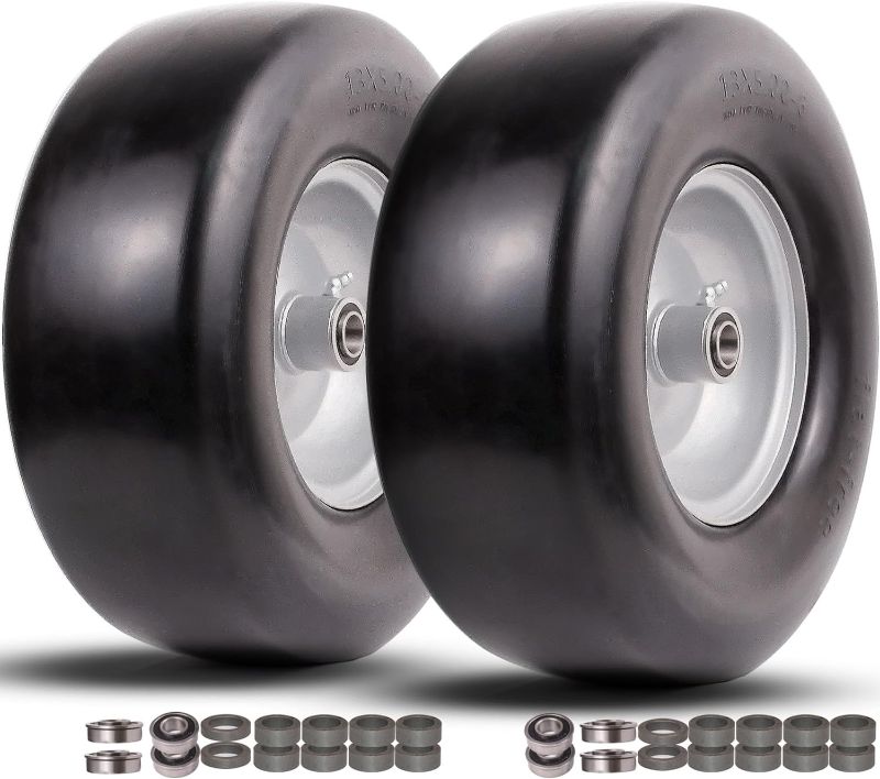 Photo 1 of 13x5.00-6 flat free tire and wheel,Front Zero-Turn Smooth Tire Assembly Replacement for Riding Lawn Mower Garden Tractor,with 3/4" &1/2" & 5/8" Precision bearings,3.25"- 5.9" Center Hub (2 Pack)