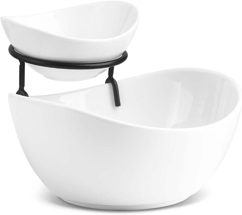 Photo 1 of YHOSSEUN Tierd Serving Bowl Set Porcelain Chip and Dip Serving Set 2 Tier Serving Stand Ceramic Appetizer Serving Food Display Stand for Parties, Entertaining Food Service