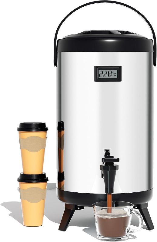 Photo 1 of **HEAVILY USED** WantJoin Insulated Beverage Dispenser-Thermal Hot and Cold Beverage Dispenser-Tea Dispenser-Stainless Steel 12 L Hot Drink Dispenser with Spigot for Hot Tea & Coffee, Cold Milk, Water, Juice(Silver)