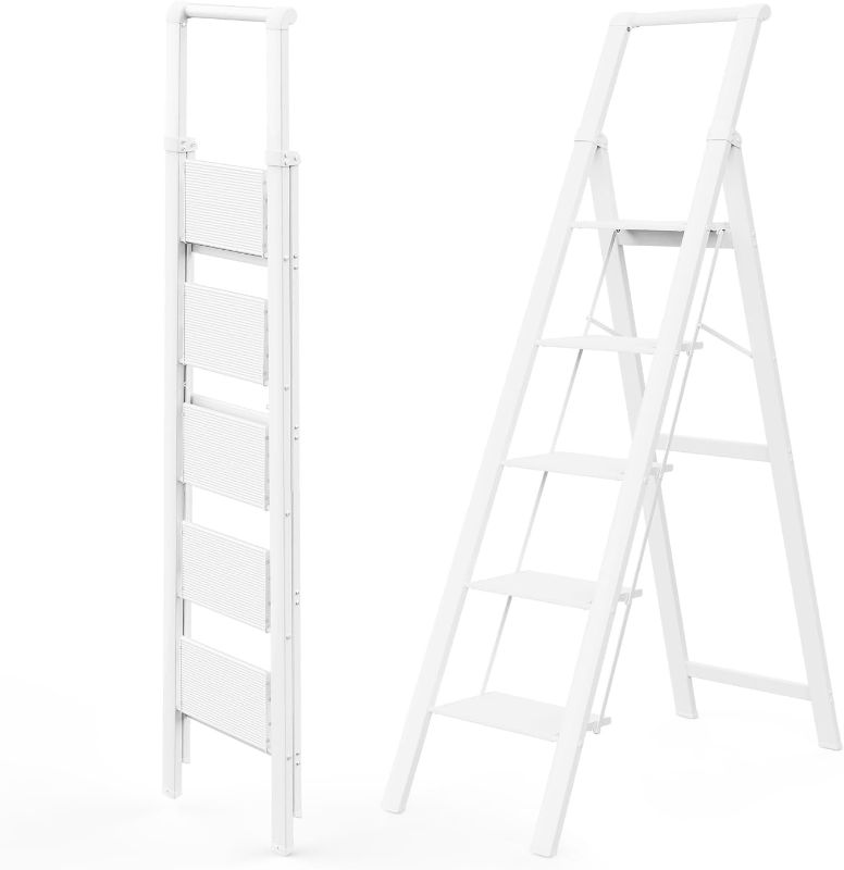 Photo 1 of 5 Step Ladder, Lightweight Portable 5 Step Folding Ladder with Safety Handgrip, Kitchen Step Stool with Wide Anti-Slip Pedal, Capacity 300 Lbs - White
