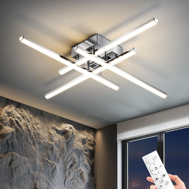 Photo 1 of 24in Modern LED Ceiling Light, 40W Dimmable with Remote Control Semi Flush Mount Ceiling Light Fixture, Chrome LED Ceiling Lamp for Bedroom Kitchen Living Room
