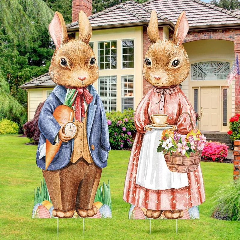 Photo 1 of 2 Pieces Easter Yard Signs with Stakes 39 Inch Large Bunny Easter Lawn Decorations Outdoor Easter Decorations Waterproof Easter Lawn Stakes for Easter Garden Lawn Yard Party Decorations
