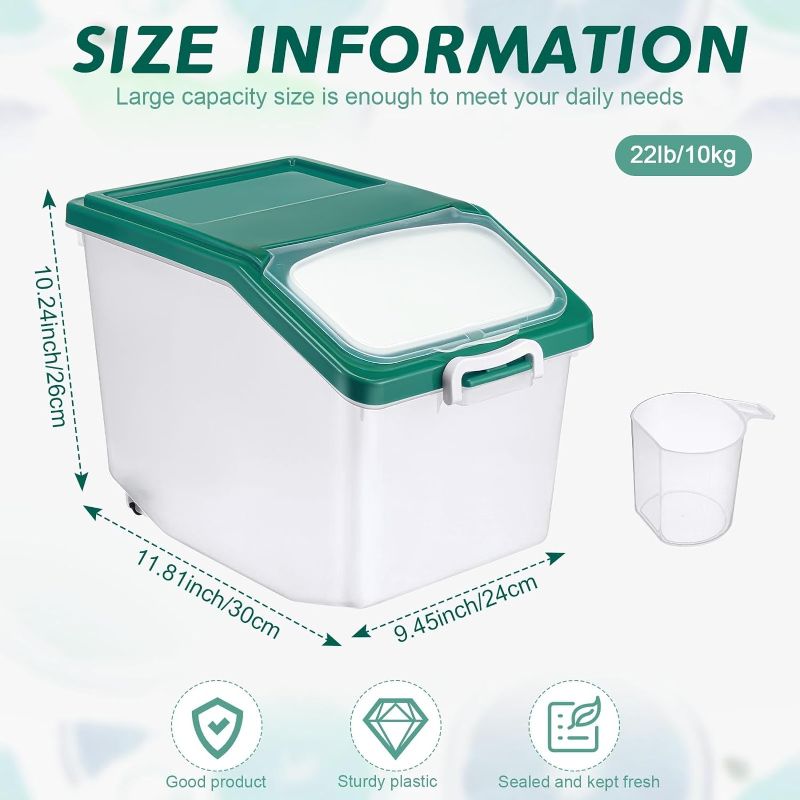 Photo 1 of 4 Pcs Rice Storage Container with 4 Rice Measuring Cups 22 Lbs/ 10 kg Stackable Dog Food Bin Plastic Flour Containers with Lids Airtight for Rice Grain Pet Food Flour Cereal Spaghetti (Green)
