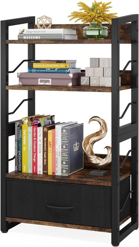 Photo 1 of Small Bookshelf with Drawer: 4-Tier Wood Book shelf Industrial Narrow Bookcase Storage Organizer Metal Stackable shelves for Desktop Bedroom Living Room Home Office (Rustic Brown)
