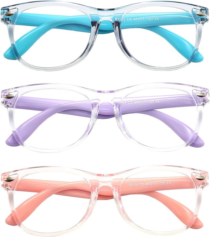 Photo 1 of 3 Pack kids Blue Light Blocking Glasses for girls boys Computer Blue Light Blocking Glasses For Age 3-11 (Light blue + Light purple + Light pink)
