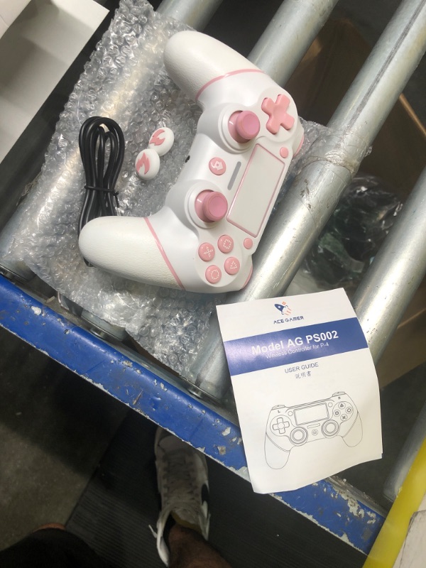 Photo 2 of AceGamer Wireless Controller for PS4, Custom Design V2 Gamepad Joystick for PS4 with Non-Slip Grip of Both Sides and 3.5mm Audio Jack! Thumb Caps Included! (Pink-White)
