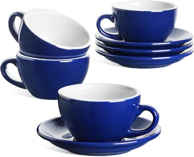 Photo 1 of **SIMILAR ITEM** LE TAUCI 6 oz Cappuccino Cups with Saucers?Ceramic Coffee Cup for Au Lait, Double shot, Latte, Cafe Mocha, Tea - Set of 4, Blue
