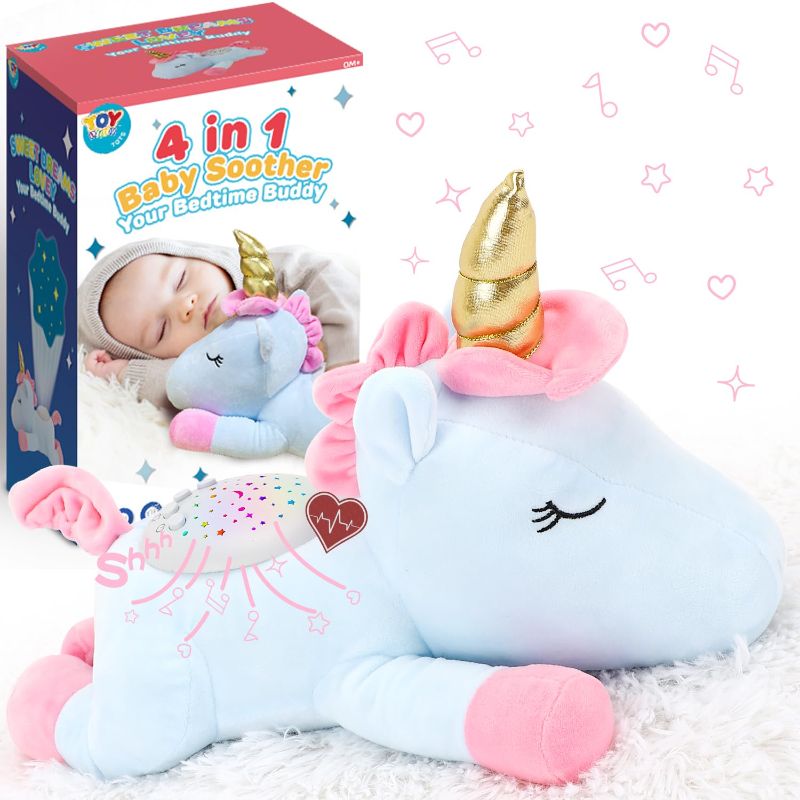 Photo 1 of TOY Life Shush Baby Sleep Baby Soothers Newborn Moms Heartbeat Crib Soother Baby White Noise Sound Machine with Calming Light Lullaby Stuffed Animal Unicorn Cry Activated Sleep Soothers Baby Gifts
