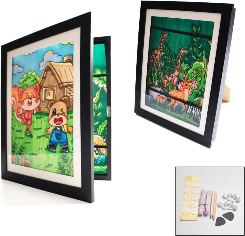 Photo 1 of 2 Pack Kids Art Frames Front Opening 8.5 x 11, Changeable Kids Artwork Picture Frame Holds 50 Pictures, for Children Art, Drawings, Photos, 3D Art, Crafts, Wall Desk Display (Black)
