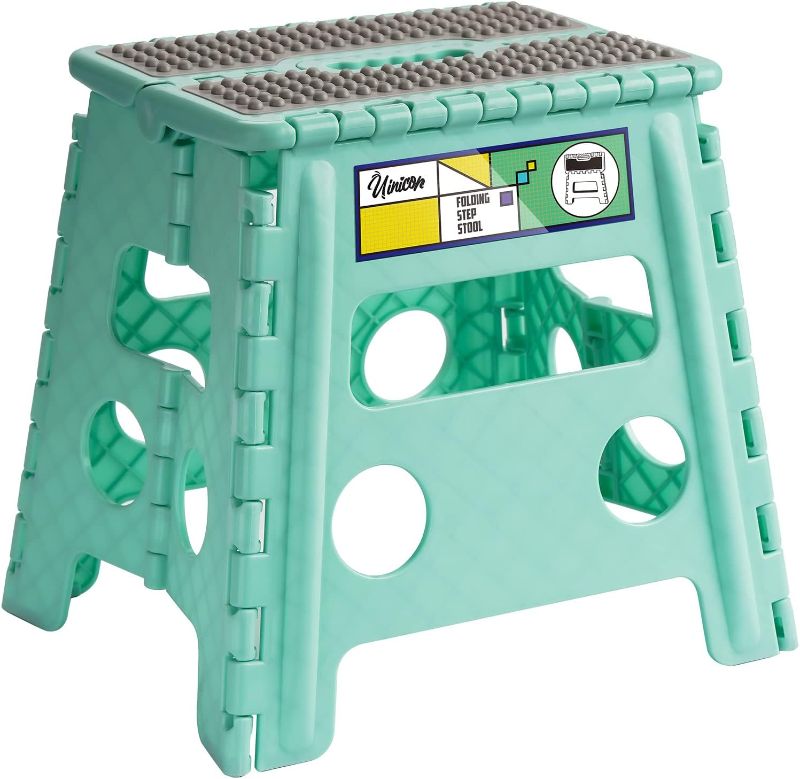 Photo 1 of 11" Folding Step Stool for Adults and Kids Holds Up to 300 lbs,Non-Slip Folding Stools with Portable Handle, Compact Plastic Foldable Step Stool for Bathroom,Bedroom, Kitchen Teal