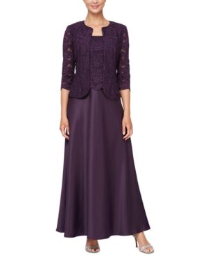Photo 1 of ALEX EVENINGS Womens Purple Scalloped Zippered Open Front Jacket Sleeveless Scoop Neck Full-Length Cocktail Gown Dress 18