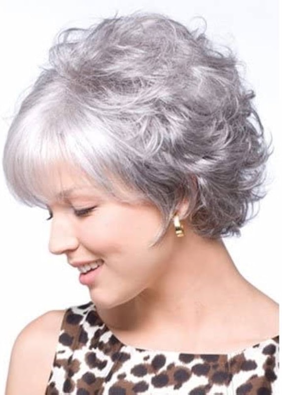 Photo 1 of SEVENCOLORS Short Grey Wigs for White Women Natural Curly Short Silver Pixie Cut Wigs with White Bangs Synthetic Hair Gray Wigs for Older Women