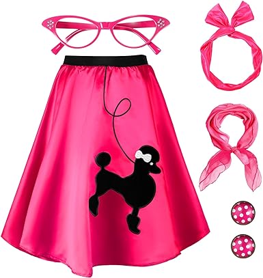 Photo 1 of Hicarer 5 Pcs 1950's Women Costume 50s Poodle Skirt Accessories Outfit Scarf Eyeglasses Bandana Tie Headband Earrings Hot Pink, Adult Medium