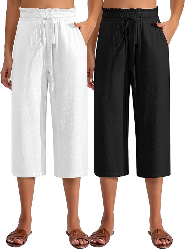 Photo 1 of Neer 2 Pcs Women's Linen Wide Leg Capri Pants Beach High Waisted Drawstring Casual Loose Capris Pants with Pockets