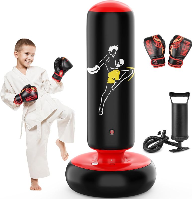 Photo 1 of QPAU Larger Stable Punching Bag for Kids, Tall 66 Inch Inflatable Boxing Bag, Gifts for Boys & Girls Age 5-12 for Practicing Karate, Taekwondo, MMA and to Relieve Pent Up Energy in Kids and Adults