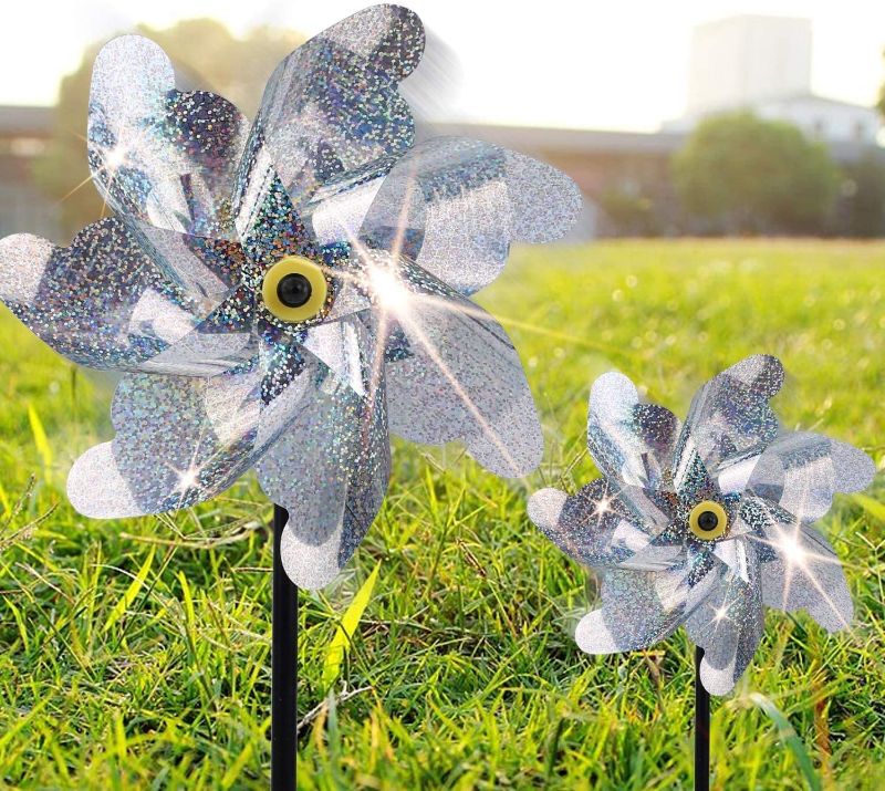 Photo 1 of 10 Pack Reflective Pinwheels for Yard and Garden, Pre-Installed Sparkly Silver Blind Birds Pin Wheel, Scare Birds & Animal Away Wind Spinner