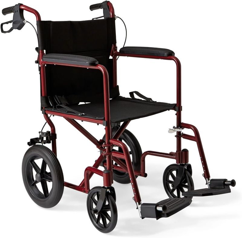 Photo 1 of ****USED*** Medline Lightweight Foldable Transport Wheelchair with Handbrakes and 12-Inch Wheels, Red Frame, Black Upholstery