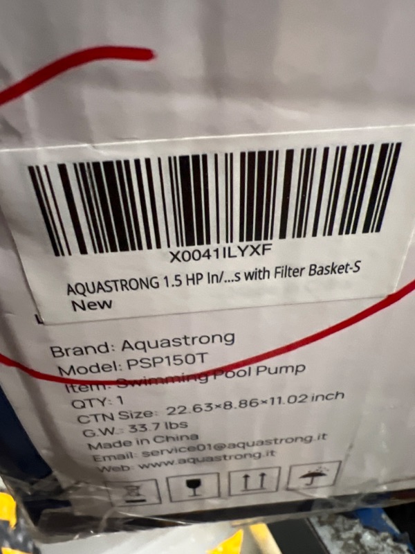 Photo 4 of ****USED*** AQUASTRONG 1.5 HP In/Above Ground Single Speed Pool Pump, 225V, 8100GPH, High Flow, Powerful Self Primming Swimming Pool Pumps with Filter Basket
