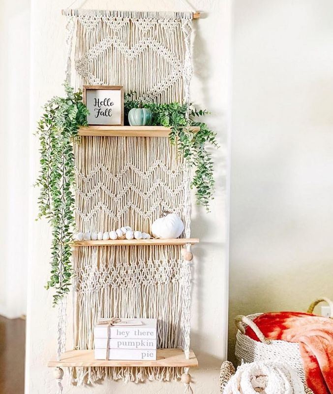 Photo 1 of ****MACRAME ONLY**** 
SnugLife Macrame Wall Hanging Shelf - 3 Tier Wall Plant Hanger Shelves with Handmade Woven Rope - Boho Shelves Organizer for Kitchen, Bathroom, Home Storage, Floating Plant Shelf (Pine Wood)
