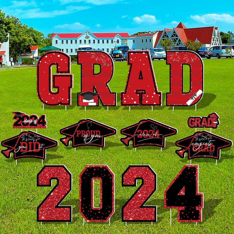 Photo 1 of 14 Pieces 2024 Graduation Decorations, Large Congrats 2024 Yard Signs with Stakes, Plastic Glitter Class of 2024 Signs for College Graduation Party and Outdoors