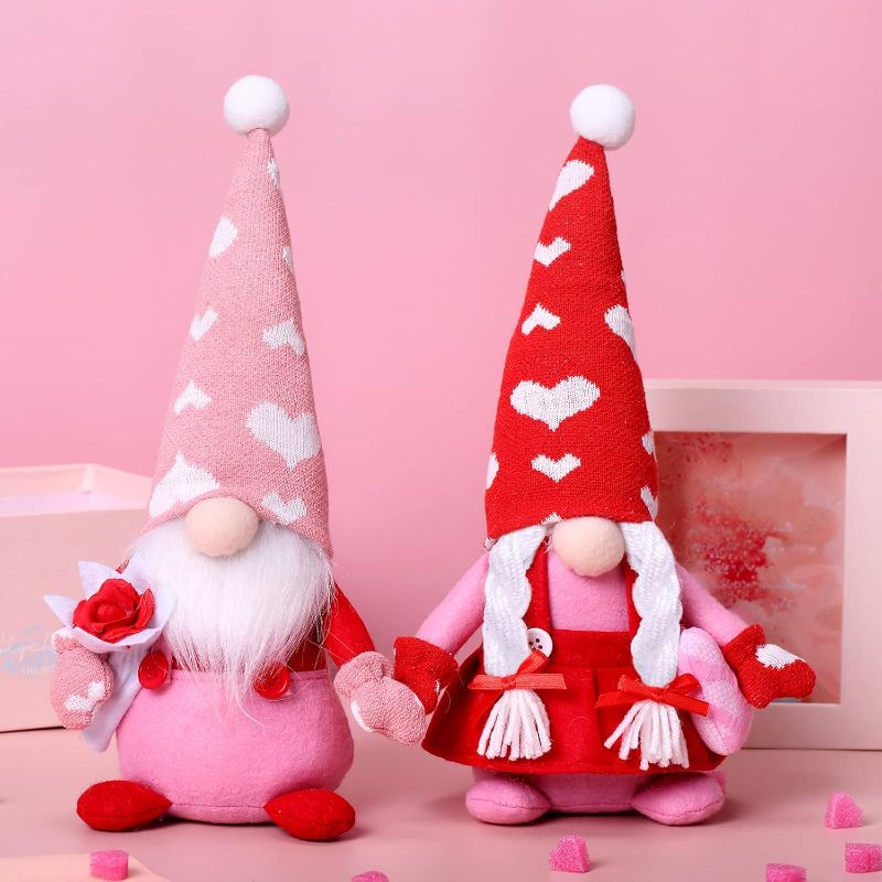 Photo 1 of  2 Valentine's Day Plush Gnomes, Valentine's Day Gnome Decoration Ornaments