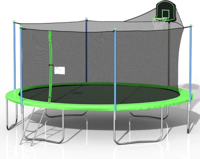 Photo 1 of 16FT Green Trampoline with Enclosure Net and Ladder-Metal Outdoor Trampoline with Safety Enclosure Net and Ladder, Waterproof Spring Pad Premium Jump Mat for Kids and Adults