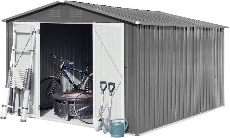 Photo 1 of 10x12 FT Sheds & Outdoor Storage,Metal Aluminum Garden Shed,with Punched Vents,Waterproof Cabinet w/Hinged Door and Padlock,Tool House for Storing Bicycles,Lawnmowers,Barbeques,Grey