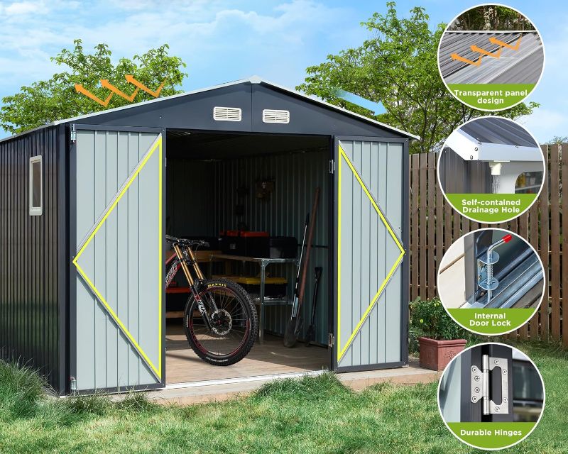 Photo 2 of 10x12 FT Sheds & Outdoor Storage,Metal Aluminum Garden Shed,with Punched Vents,Waterproof Cabinet w/Hinged Door and Padlock,Tool House for Storing Bicycles,Lawnmowers,Barbeques,Grey