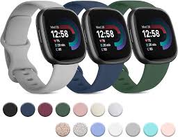 Photo 1 of 3 Pack Silicone Bands for Fitbit Sense Bands Fitbit Versa 3 Bands Women Men, Classic Soft Sport Bands Replacement Wristbands for Fitbit Sense/Versa 3 Smart Watch (Olive Green/Navy Blue/Gray, Small)