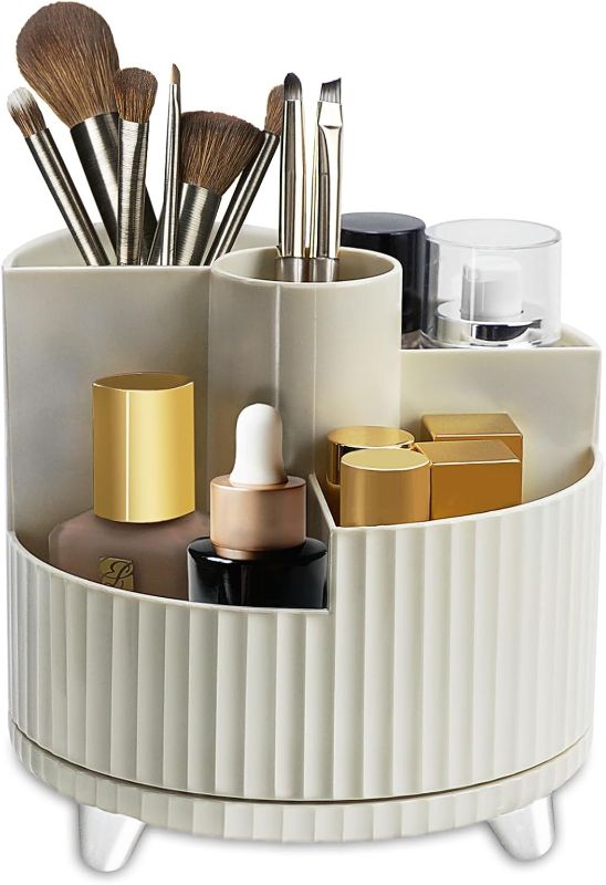 Photo 1 of 360°Rotating Makeup Organiser Brush Holder, Milky White Cosmetic Organisers with 5 Compartments, Multifunctional Skincare Storage Perfume Jewellery Box for Dresser Bathroom Bedroom