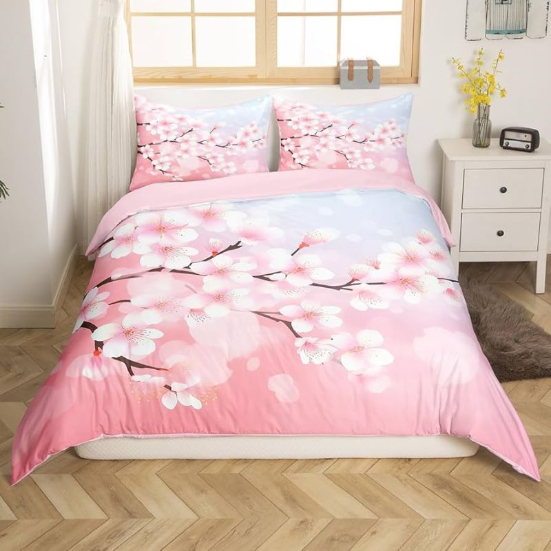 Photo 1 of ***Missing comforter This is a used sheet set*** Erosebridal Pink Cherry Blossoms Comforter Set Girls Japanese Style Romantic Theme Bedding Set Botanical Floral Print Duvet Set for Teens Couple Pink Flower Decor Quilts Full Size 3 Pcs