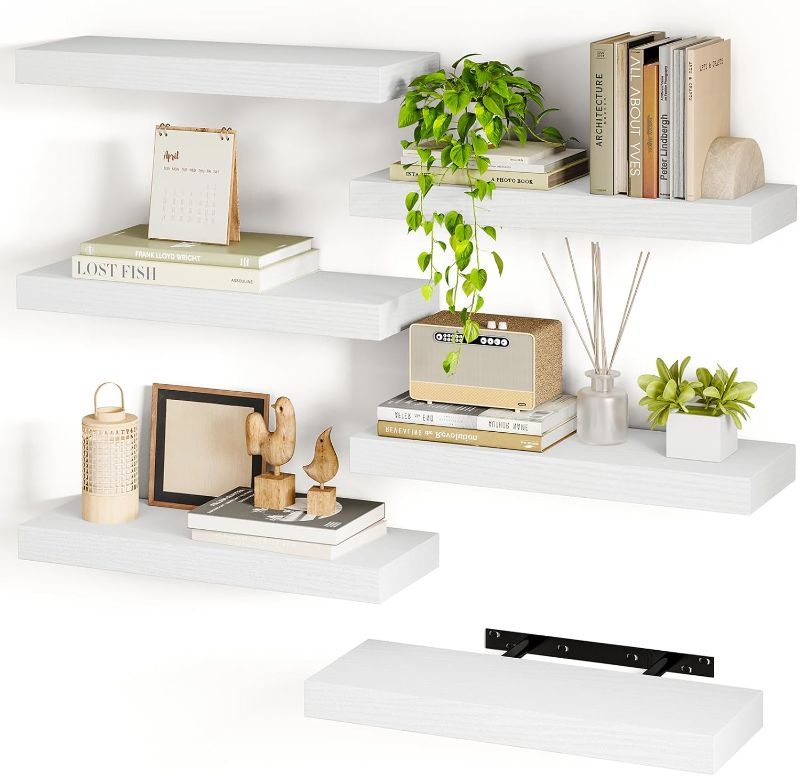 Photo 1 of ***USED** Fixwal 15.8in White Floating Shelves, Set of 6 Wood Shelves, Farmhouse Shelf Wall Decor for Bathroom, Bedroom, Living and Kitchen Room