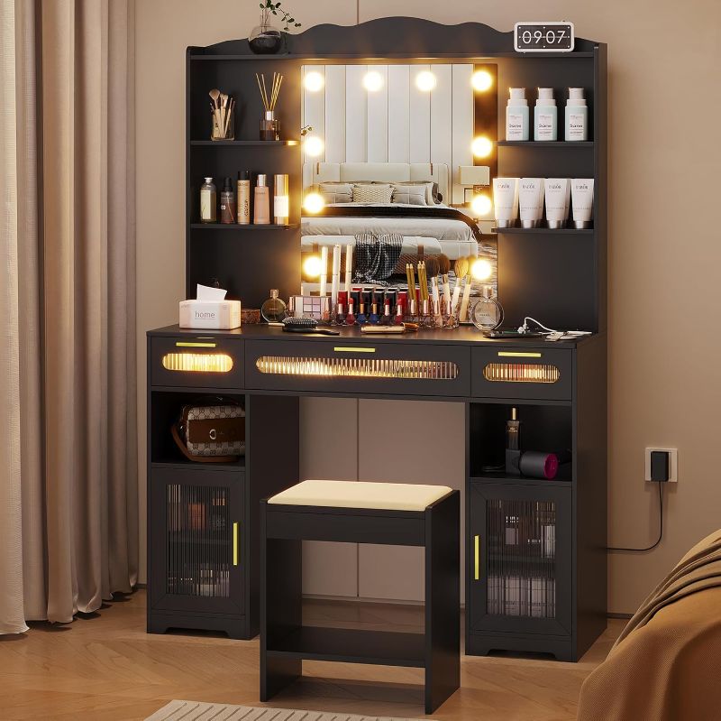 Photo 1 of **SIMILAR** Vlsrka Vanity Desk with Mirror and Lights, 43" Makeup Vanity Set with Charging Station, Power Outlets, 5 Drawers 4 Shelves 2 Cabinets, Vanity Table with Light Bulbs, 3 Colors Dimmable Lighting (Black)