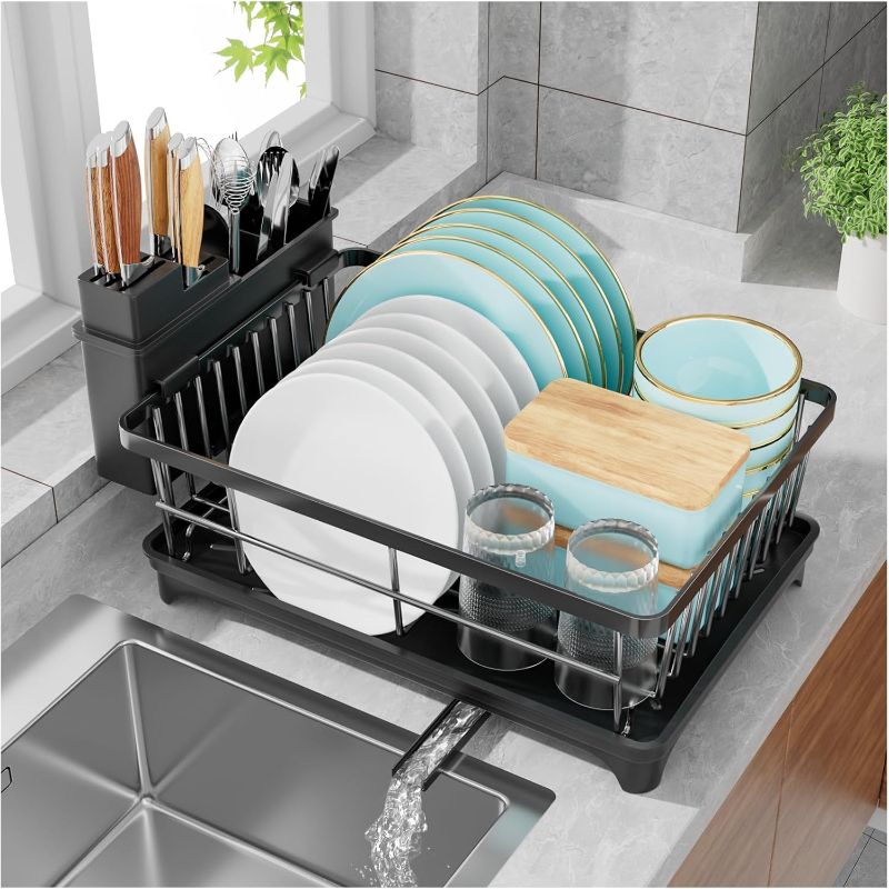 Photo 1 of 
Dish Drying Rack, Space-Saving Dish Racks for Kitchen Counter, Rustproof Dish Drainer Organizer with Utensil Holder, Dish Drying Rack with Drain Board, Black