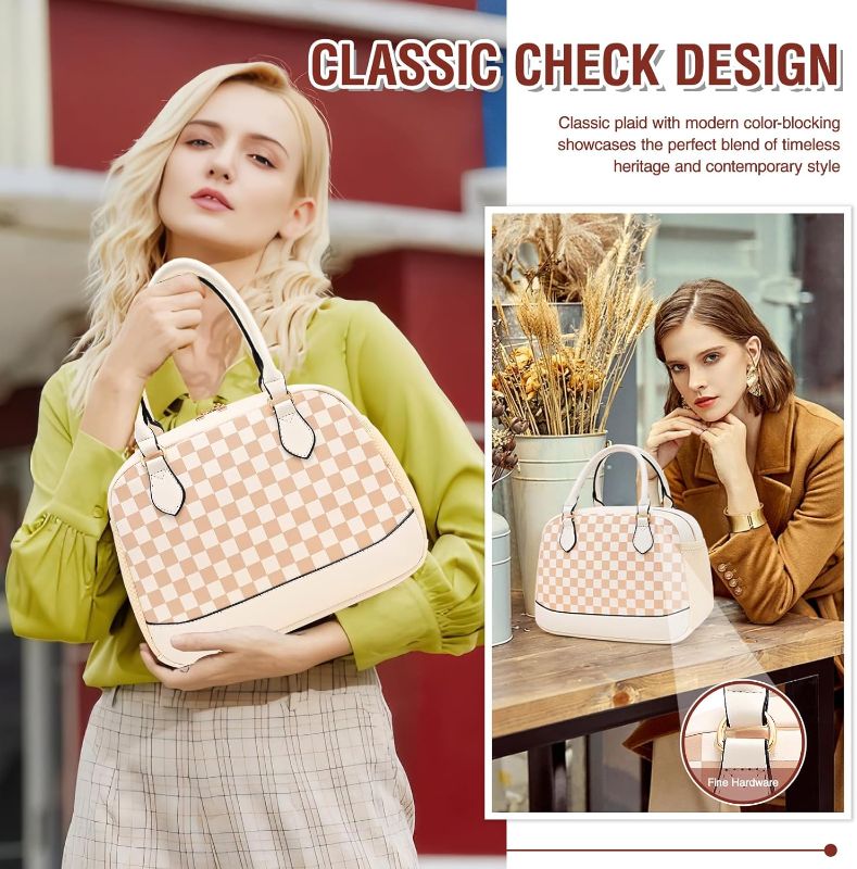 Photo 1 of  Leather Lunch Bag For Women, Large Insulated Lunch Bag For Work, Fashion Lunch Tote Bag For Women, Waterproof Women Lunch Box, Luxe Checkered Leather Portable Lunch Cooler (Beige)