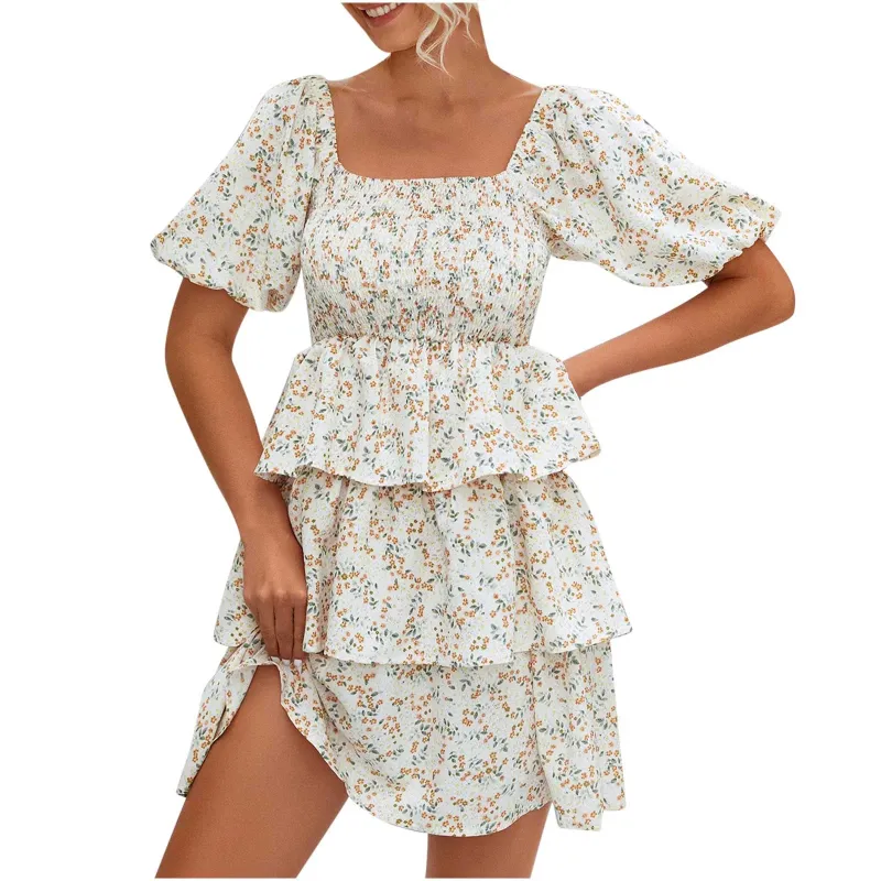 Photo 1 of **USED***VSSSJ Womens Summer Casual Dresses Puff Short Sleeve Off Shoulder Ruffle Tiered Tunic Dress Smocked Square Neck Floral Print Mini Dress  medium 
