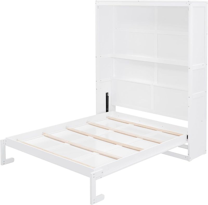 Photo 1 of ***missing 1 box, only 2 of 3***Queen Size Murphy Bed with Shelves, Foldable Platform Bed Frame Cabinet Wall Bed for Home Office Guest Room, White