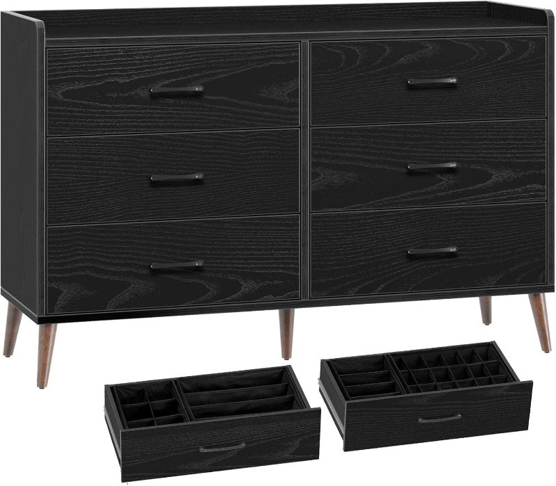 Photo 1 of   Rolanstar Drawer Dresser Quick Install, 6 Wooden Drawers Storage Dresser with Set of 4 Foldable Drawer Dividers, Modern Chest of Drawer with Anti-Tipping Device, Bedroom, Black