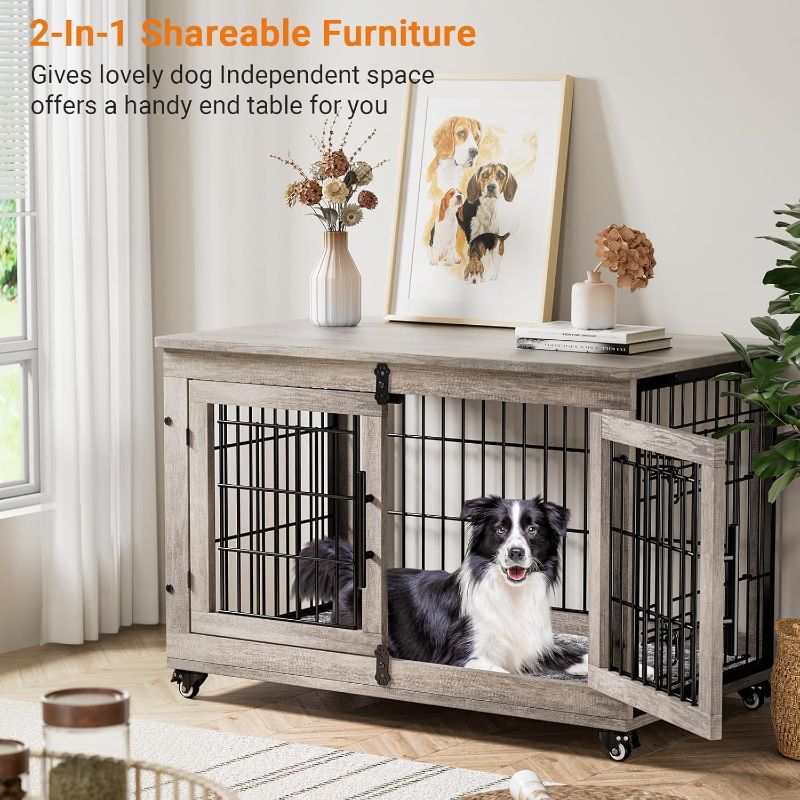 Photo 1 of  Dog Crate Furniture, Dog Kennel Indoor Double Doors Wooden Dog Cage, 38'' Heavy Duty Dog Crate with Cushion & Wheels, Decorative End Table Pet House Chew-Resistant for Large/Medium Dog, Grey