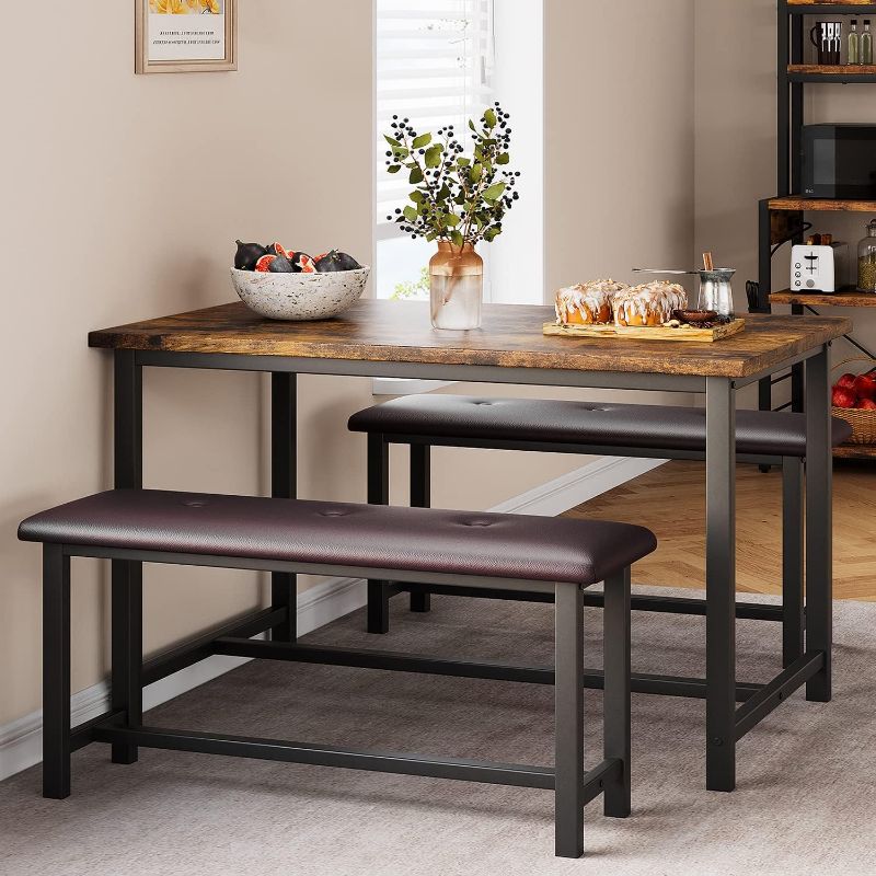 Photo 1 of 3 Piece Dining Table Set, Kitchen Table and Benches for 4, Rectangular Dining Room Table Set with 2 Upholstered Benches, Dining Table Set for Small Space, Apartment, Studio, Retro Brown