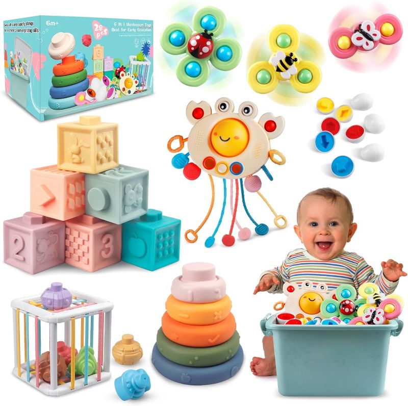 Photo 1 of 
Roll over image to zoom in
6 in 1 Baby Toys 6 to 12 Months, Montessori Toy for Toddlers 1-3, Infant Teething Babies Toy Stacking Blocks Rings Pull String Toy Sorter Sensory Bin