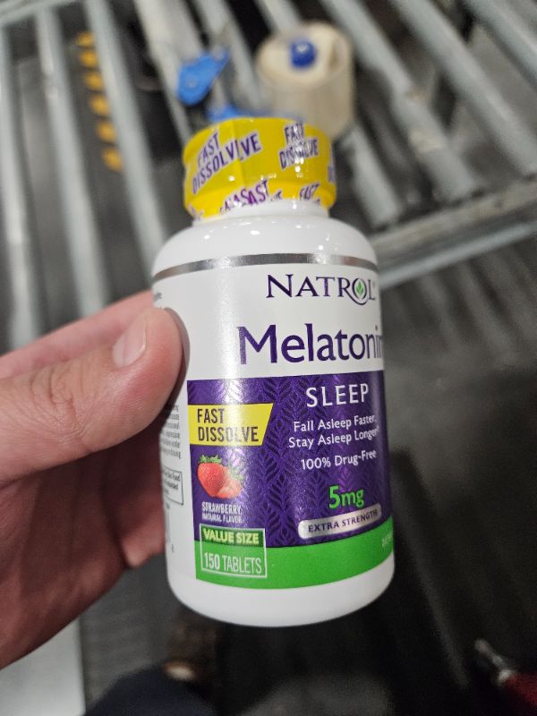 Photo 1 of ***USED***EXPIRES 12/31/24*** Natrol Sleep Melatonin 5mg Fast Dissolve Tablets, Nighttime Sleep Aid for Adults, 150 Strawberry-Flavored Melatonin Tablets, 150 Day Supply Strawberry 150 Count (Pack of 1)