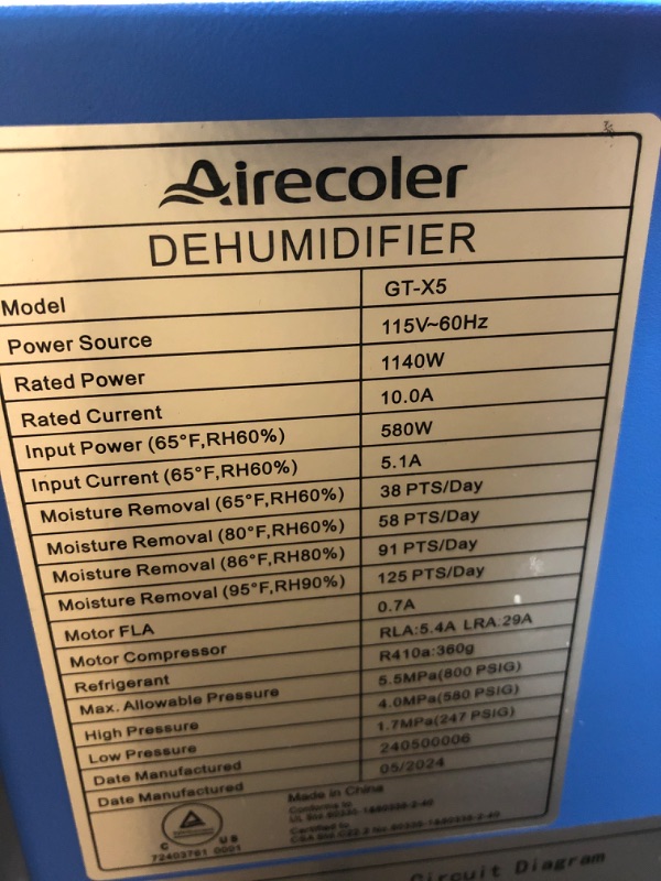 Photo 4 of Airecoler 125 Pints Commercial Dehumidifier for Crawl Spaces & Basements with Drain Hose, Industrial Grade Water Damage Restoration for up to 6,000 sq ft, Auto Defrost, Memory Starting