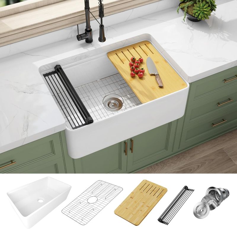 Photo 1 of ***Stock photo is a similar item*** 30 Inch White Fireclay Farmhouse Sink Workstation -Bokaiya 30x20 Ceramic Apron Front Sink Deep Porcelain Single Bowl Farm Sink with Cutting Board