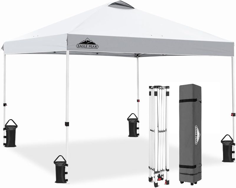 Photo 1 of ***USED***EAGLE PEAK Pop Up Canopy Tent with Wheeled Carry Bag, 8 Stakes, 4 Ropes, 4 Weight Bags, Easy Set Up Tent Canopy, 12x12 ft, 144sqft of Shade, White