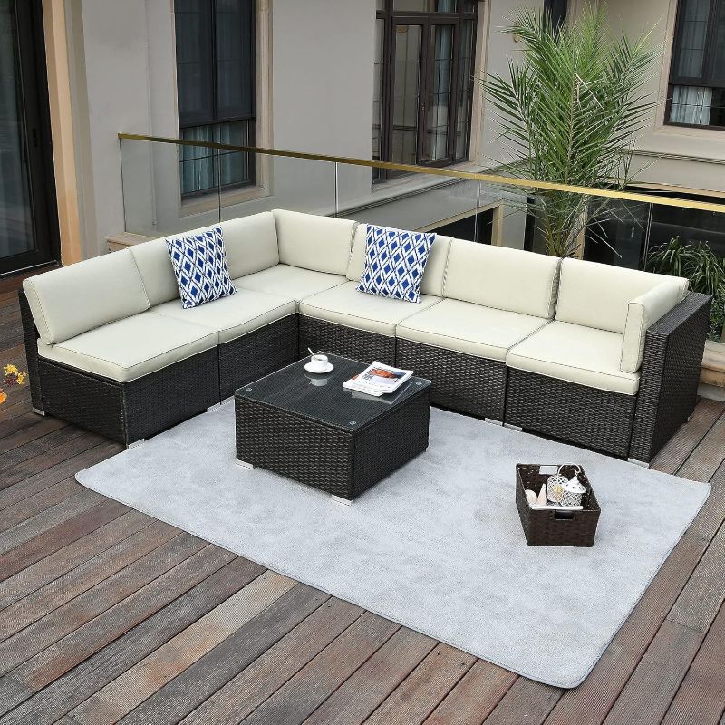 Photo 1 of ***USED***YITAHOME 7 Pieces Patio Furniture Set, Outdoor Sectional Sofa PE Rattan Wicker Conversation Set Outside Couch with Table and Cushions for Porch Lawn Garden Backyard, Black
***Only 2 End Sofas And Pillows Included***
