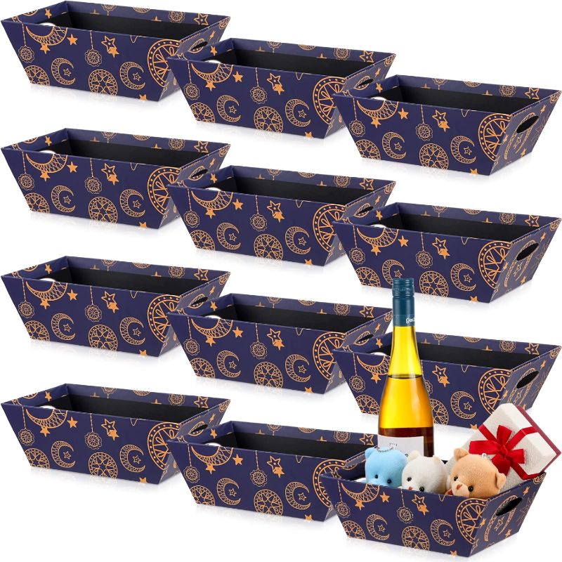 Photo 1 of 12 Pcs Ramadan Gift Baskets Moon Star Eid Mubarak Party Basket 9.8 x 6.5 Inch Muslim Party Baskets Favor Empty Sturdy Cardboard Trays Eid Mubarak Party Supplies for Eid Mubarak Muslim Decor